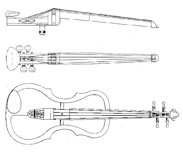 Drawings made from the two Electric Violin patents granted to Hugo Benioff