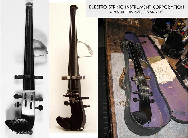 collage of Electro Violins and title from original Electro String Instrument Corp ad, by Ben Heaney