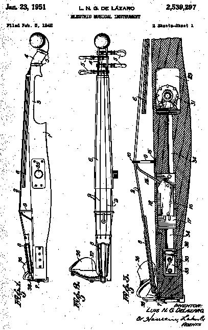 Lazaro's Electric Violin Patent Drawing